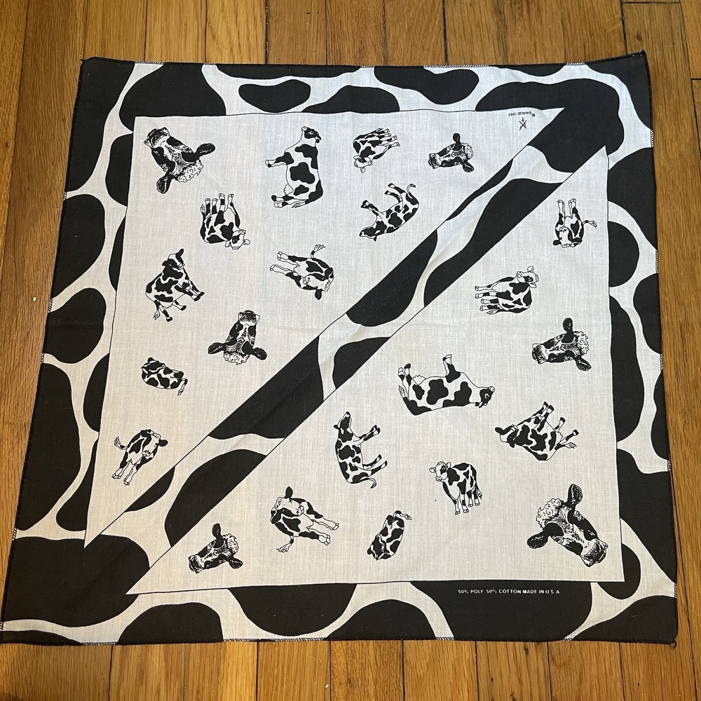 Vintage 1992 Cow Print 21" Square Bandana Western Farm Handkerchief Black White